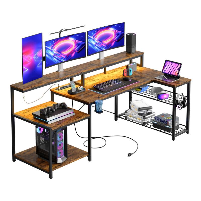 Bestier 71.5 L Shaped Computer Desk with LED, Corner Gaming Desk with Power Outlet