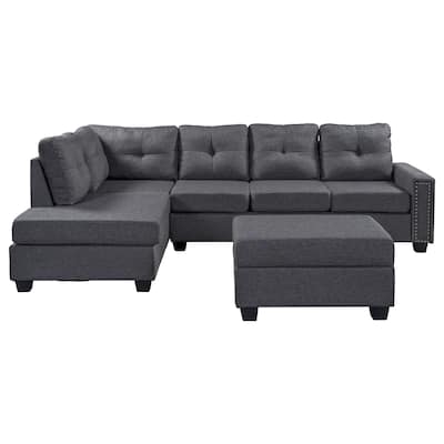 Classic L-shape Couch Reversible Sectional Sofa with Chaise Storage Ottoman and Cup Holders for Large Space Dorm, Light Gray