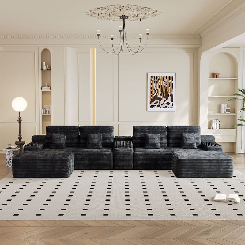 Corduroy Sectional Sofa with Ottomans, Console Table with Storage Box, Charging Station, Cup Holders and Bluetooth Speaker - Black