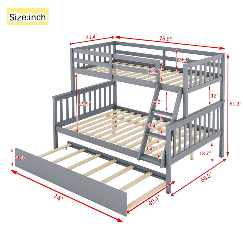 Twin Over Full Rubber Wood Bunk Bed with Twin Trundle, Convertible Ladder, Detachable Design, and Safety Guardrails