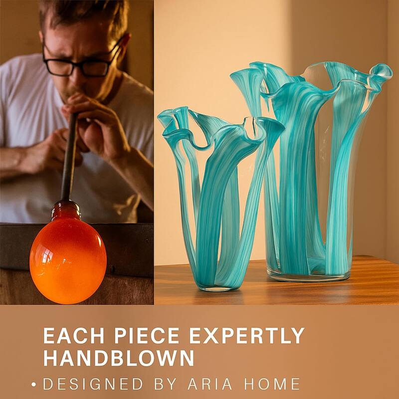 Green Set of 2 Striped Handblown Glass Vases with Broad Rim and Ruffle