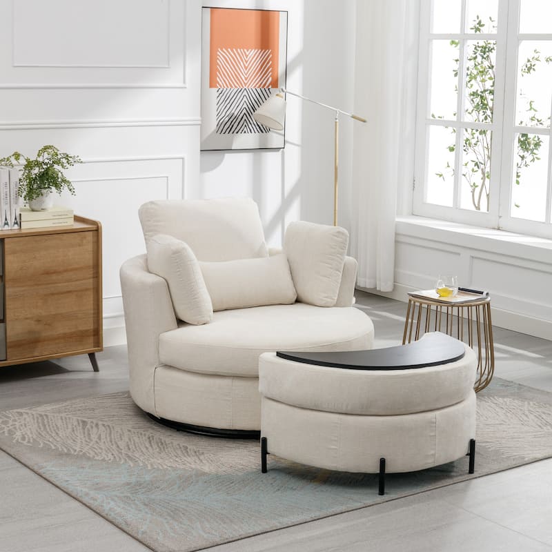 42.2"W Swivel Accent Barrel Chair with Half Crescent Moon Storage Bench