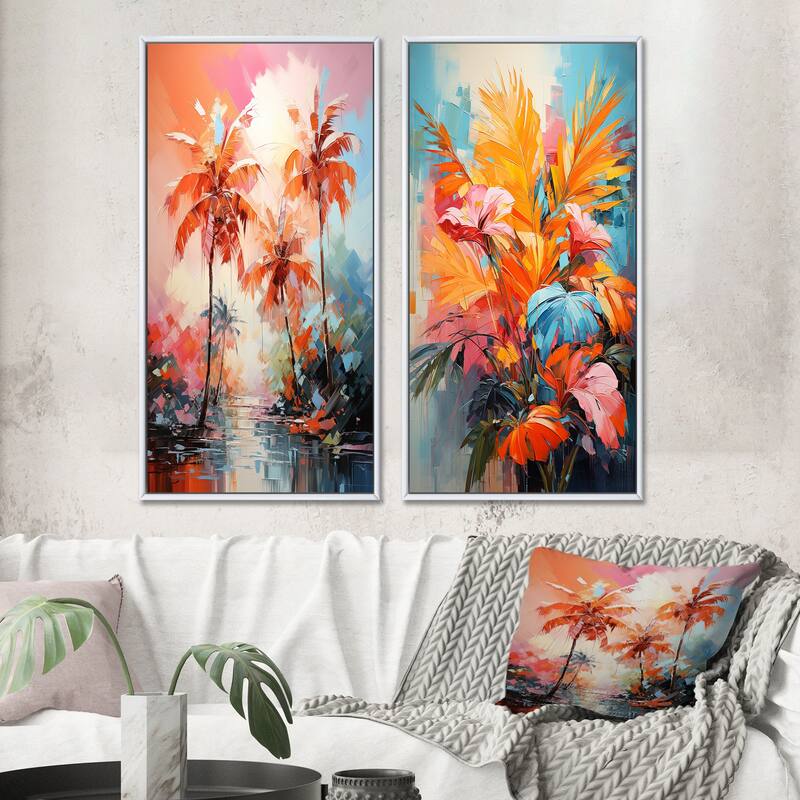 Designart "Orange Pink Palm Trees Abstract" Palms & Palm Trees Framed Wall Art Set Of 2 - Wall Set For Home Decor - 40 in. wide x 40 in. high - White