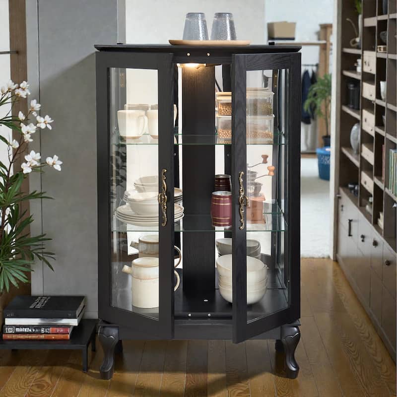 Lighted Curio Cabinet with Tempered Glass Doors, Vintage Display Cabinet with Mirrored Back and Adjustable Shelves