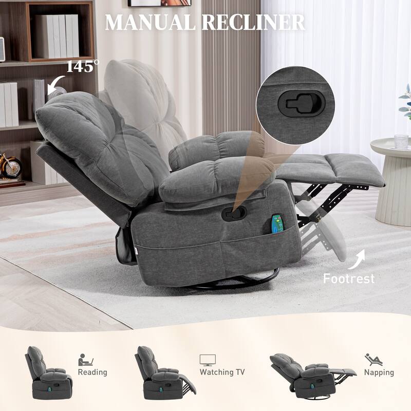 Grey Swivel Manual Recliner with Vibration Massage, Heating, Footrest, Remote Control, and Four Convenient Side Pockets