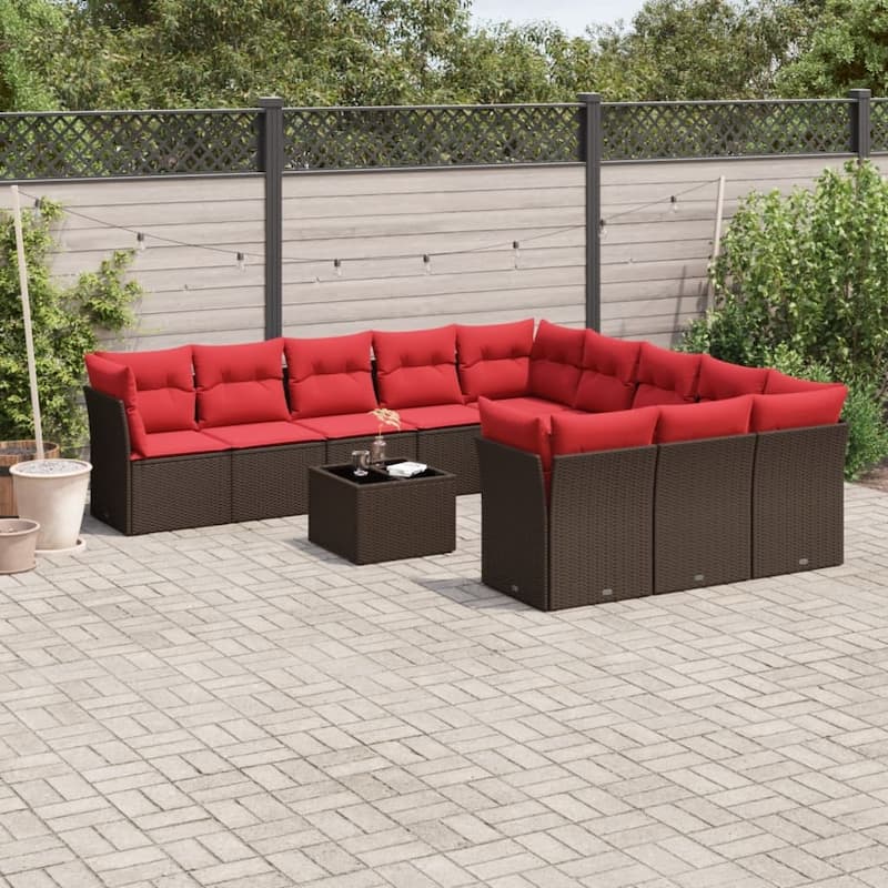 vidaXL Patio Sofa Set with Cushions Outdoor Conversation Furniture Poly Rattan - 21.7" x 24.4" x 27.2" - Brown and red with table