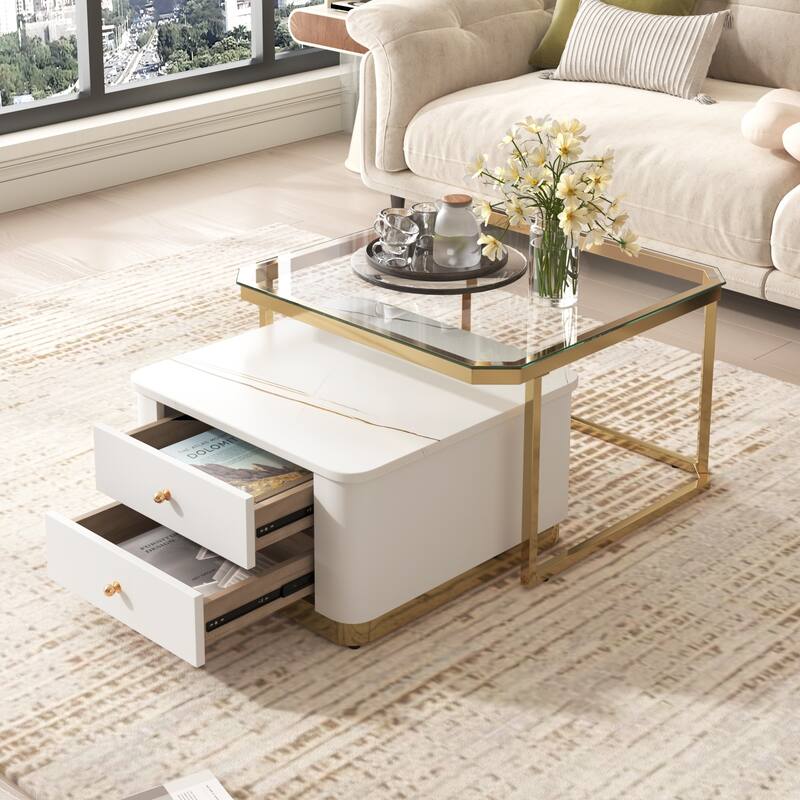 Modern 2 Pieces Square Nesting Coffee Table with Drawers