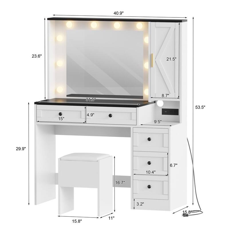 Lighted Makeup Vanity Desk with 10 LED Lights, 3 Colors, Charging Station & Stool