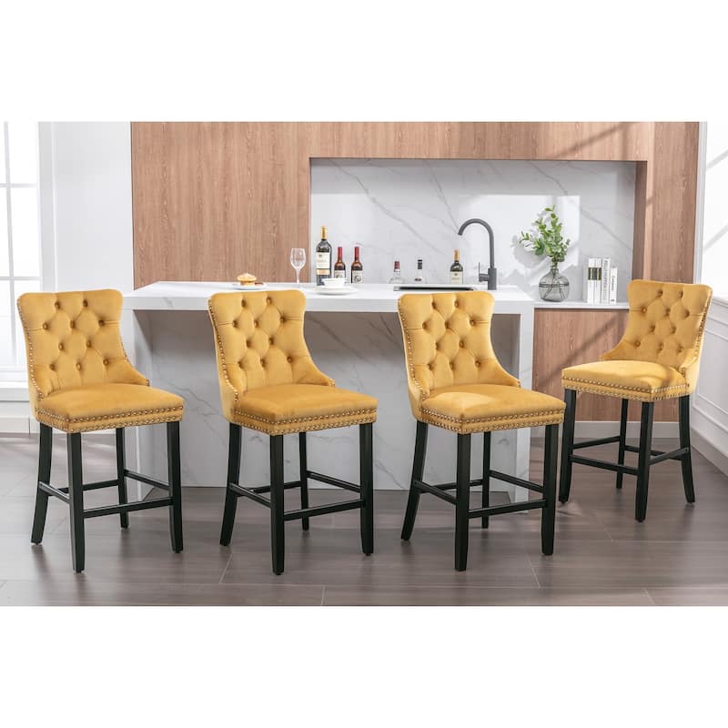 Velvet Bar Chairs Set of 2, Counter Height Bar Stools with Button Decor and Nailhead Trim, Dining Room Chairs with Back