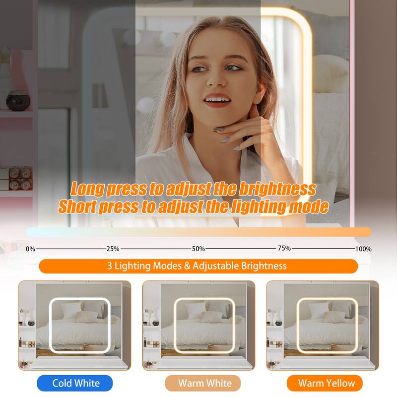 Vanity Desk with Mirror and LED Lights, Makeup Vanity Desk with Sliding Lighted Mirror & Charging Station