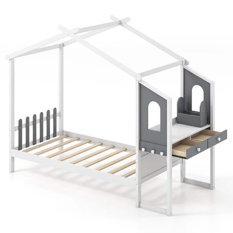 Gymax Twin Size Kids House Bed w/ Study Desk & Removable Box Drawers