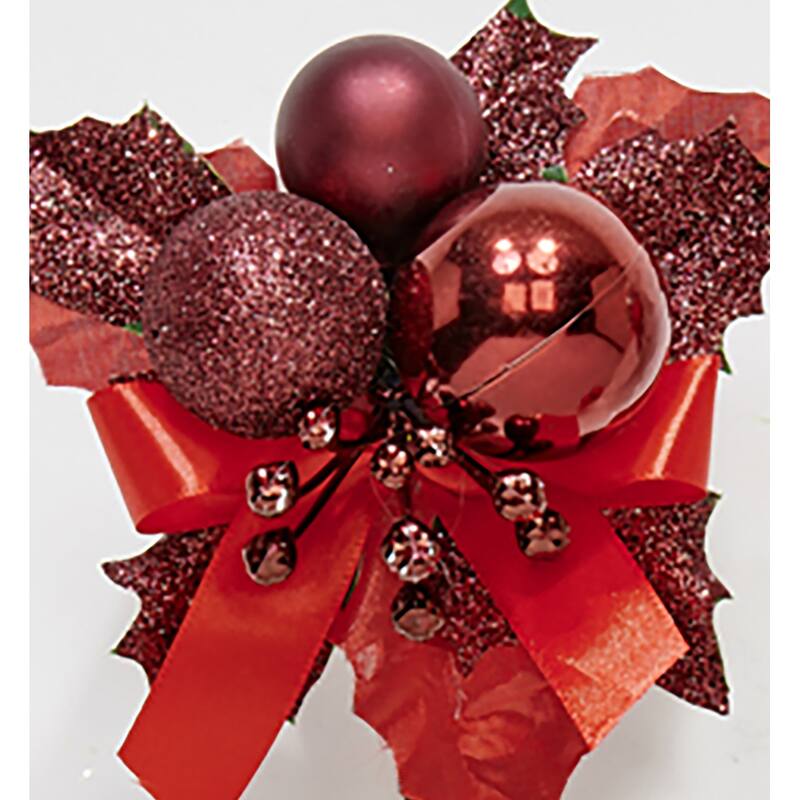 7" Christmas Ball Berry Leaves Pick, Burgundy, Set of 12 - 7
