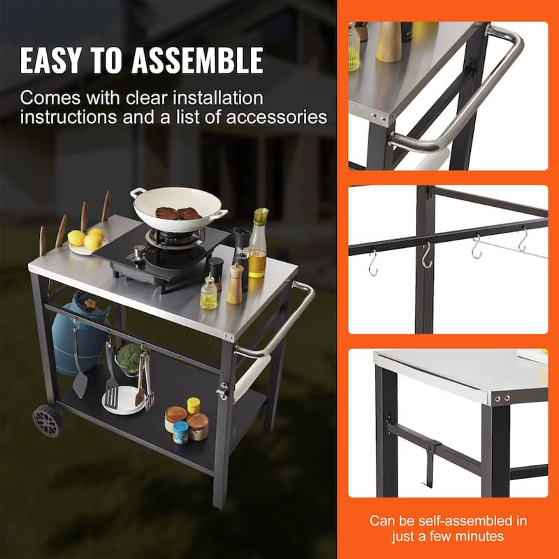 Multifunctional Stainless Steel Outdoor Grill Dining Cart with Double Shelf and Blow Molded Wheels - 39.37 x 25.19 x 32.87 inch