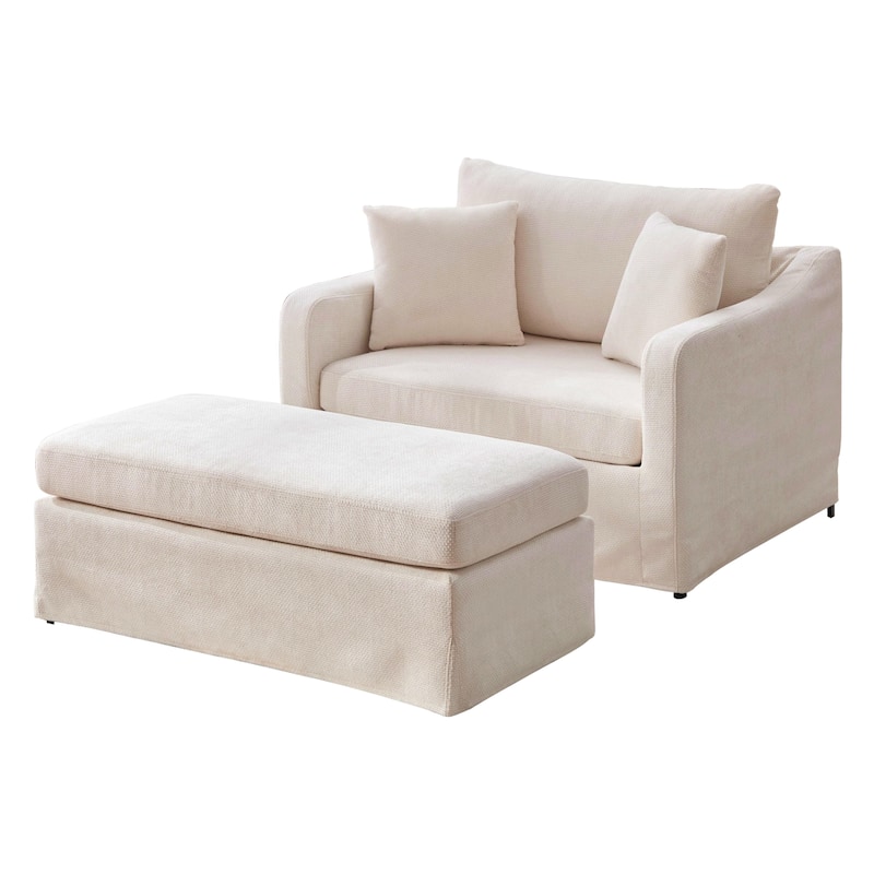 Morden Accent Chair with Ottoman, Chenille Living Room Side Chair, Single Sofa Armchair with Bolster Pillows