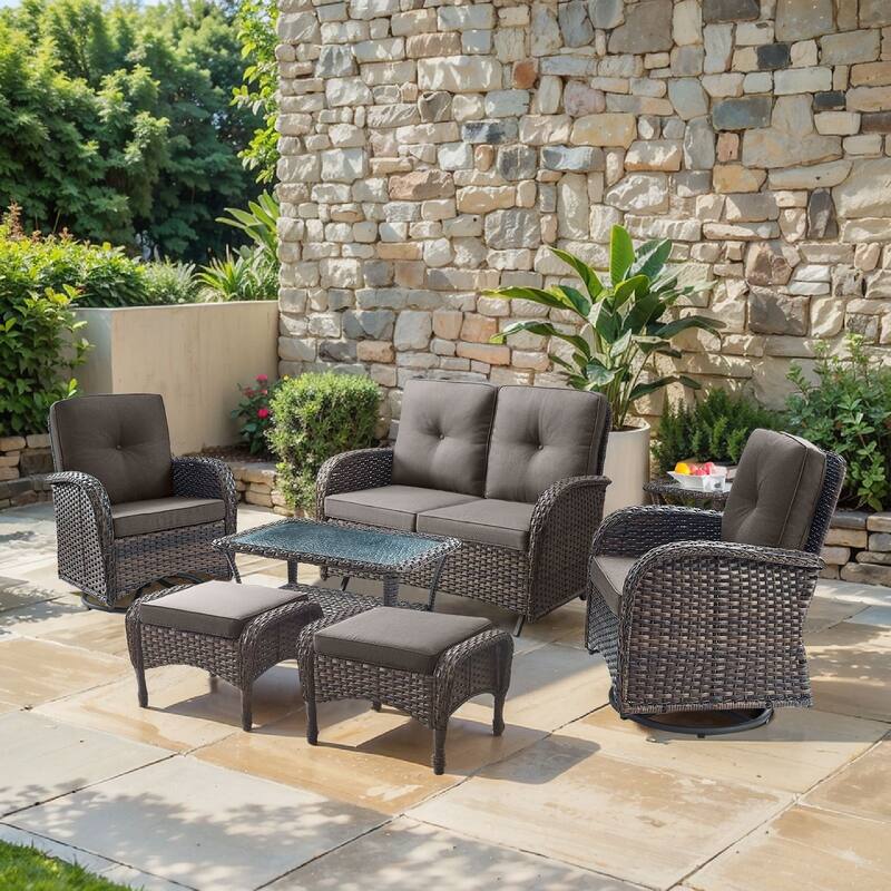 Pocassy 7 Pieces Glider Sofa with Swivel Chairs Ottomans Table - Brown Wicker - Gray cushion