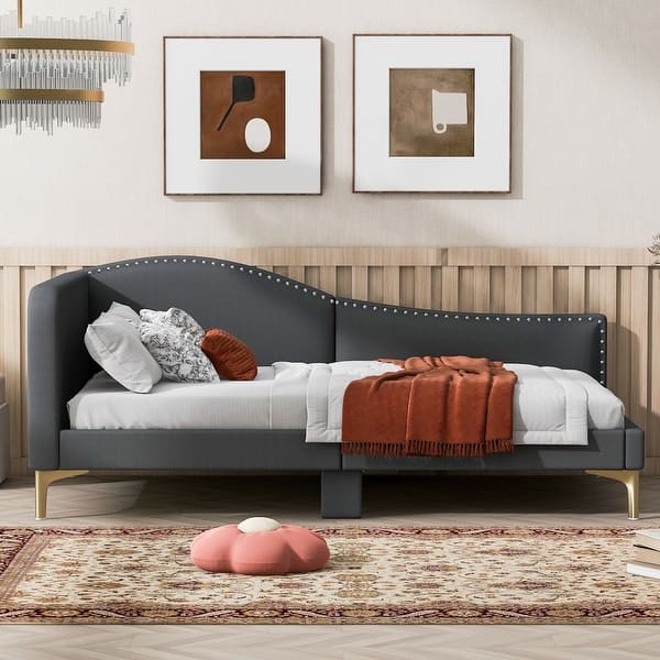 slide 2 of 40, Upholstered Daybed with Nailhead Trim, L Shaped Linen Fabric Sofa Bed Frame with Backrest and Armrest, Gold Metal Legs Grey - Twin
