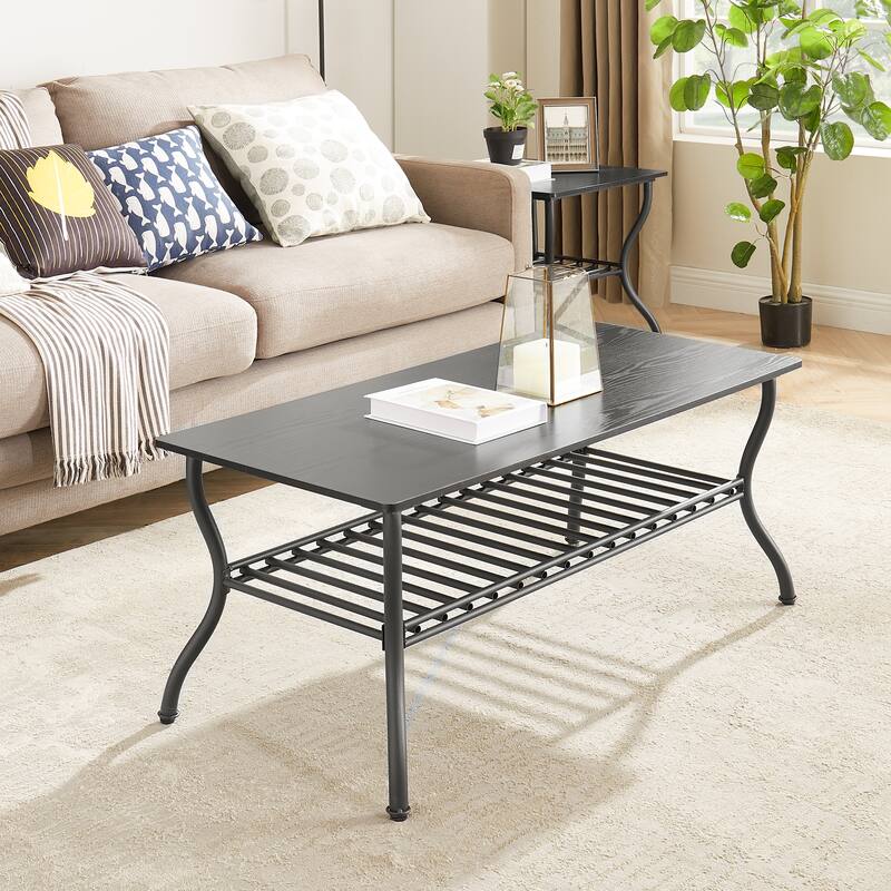 3-Piece Coffee Table Set Rectangle Coffee Table with 2 Square End Side Table Retro Design