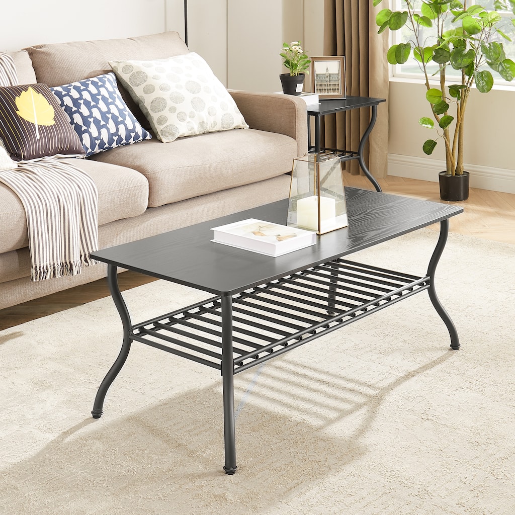 3-Piece Coffee Table Set Rectangle Coffee Table with 2 Square End Side Table Retro Design