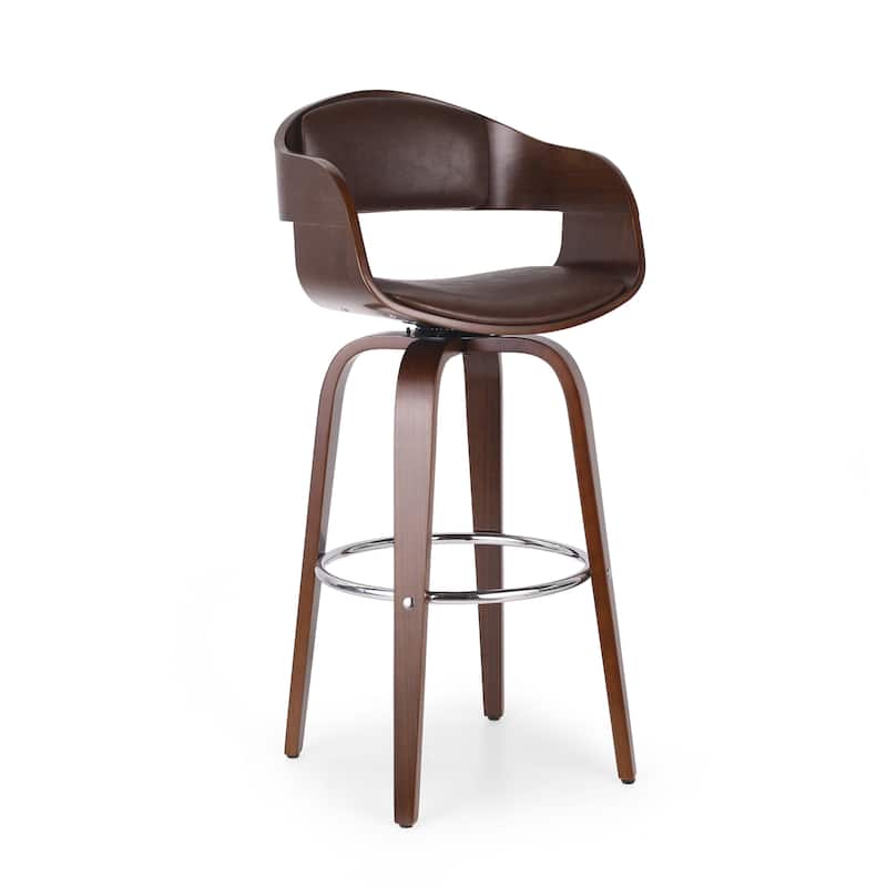 Curved Swivel Bar Stools, 30" Leather Counter Height Stools Dining Stool with Wood Frame and Footrest
