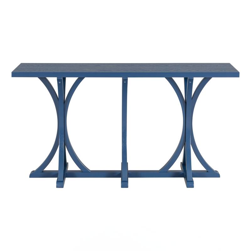 Wooden Console Table with Oak Veneer Top,Farmhouse Entryway Table with Rubber Wood Slender Curved Legs - Blue
