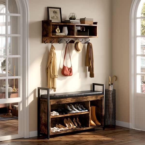 Industrial Coat Rack Shoe Bench Set Wall Coat Rack with Shoe Storage