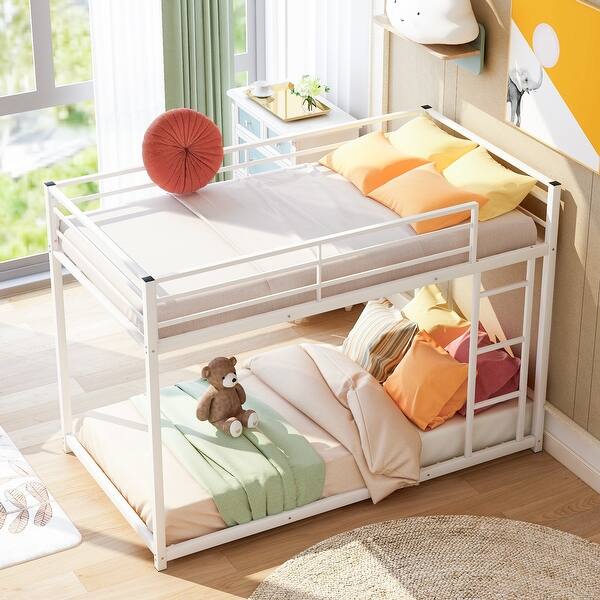 slide 2 of 11, Space-Saving Twin over Twin Metal Low Bunk Bed with Ladder White