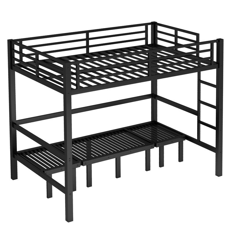 Roomfitters Full/Queen Metal Pull-Out Bunk Bed with 3-Section Expandable Lower Bunk & Safety Rails, Space-Saving Frame, Black