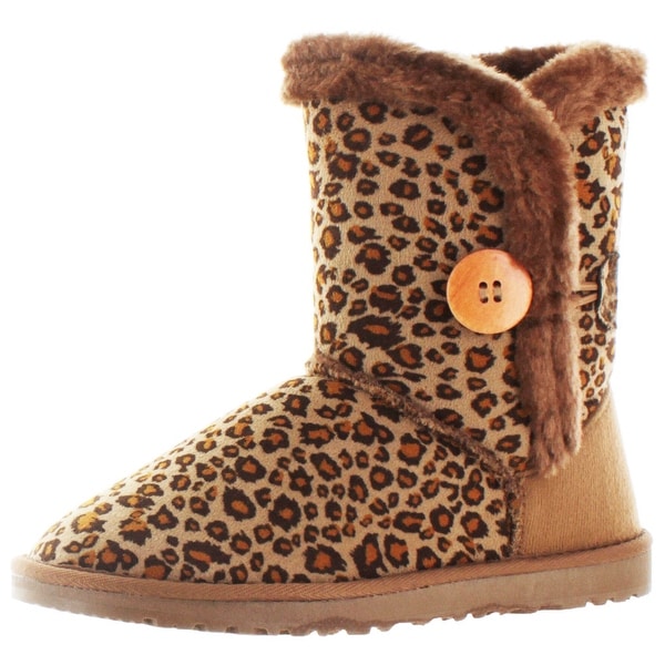 Moda Essentials Short Button Women's Faux Sheepskin Winter Boots Shearling Leopard Print