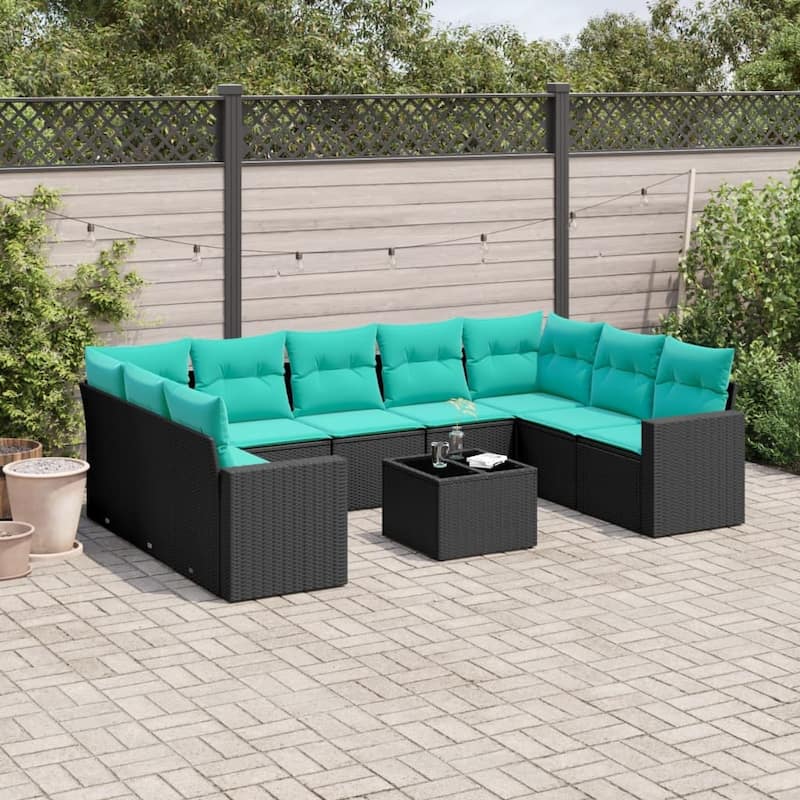 vidaXL Patio Sofa Set with Cushions Outdoor Conversation Furniture Poly Rattan - 25.8" x 24.4" x 27.2" - Black and blue with table