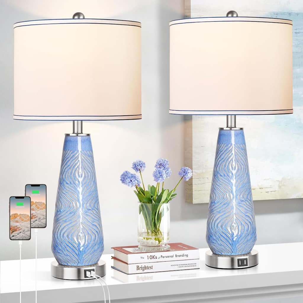 Modern Table Lamp Set of 2 Touch Control,27" Tall Lamp with USB Ports,3-Way Dimmable Hand Crafted Nightstand Lamps