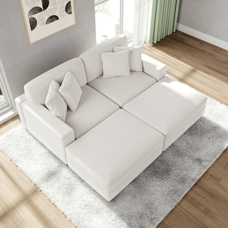 Modular Corduroy Sectional Sofa Set Chaise Couch with Ottoman