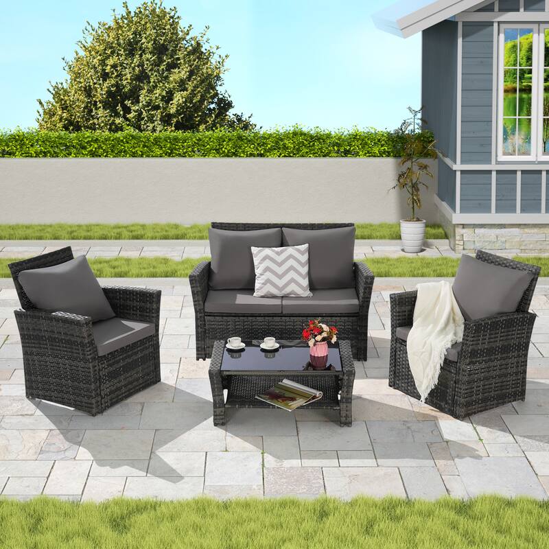 4 Piece Outdoor Rattan Conversation Furniture Sets, All Weather Patio Wicker Chair Set with Tempered Glass Coffee Table