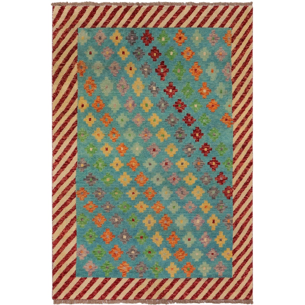 Contemporary Balochi Clarke Blue/Beige Hand Knotted Wool Rug - 4'0'' x 5'10''
