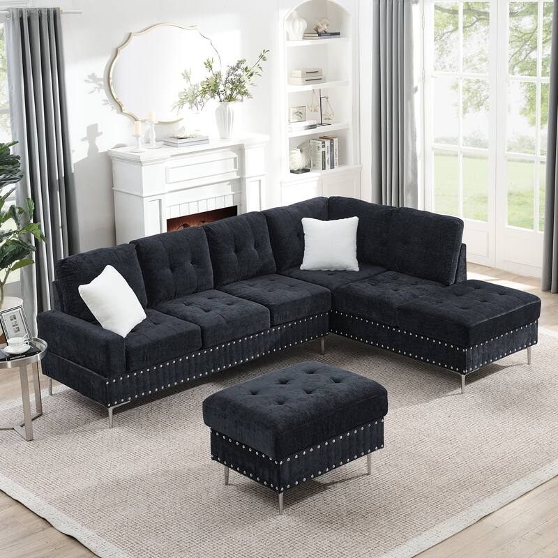 102" Rustic L-shaped Sectional Sofa with Reversible Chaise and Storage Ottoman