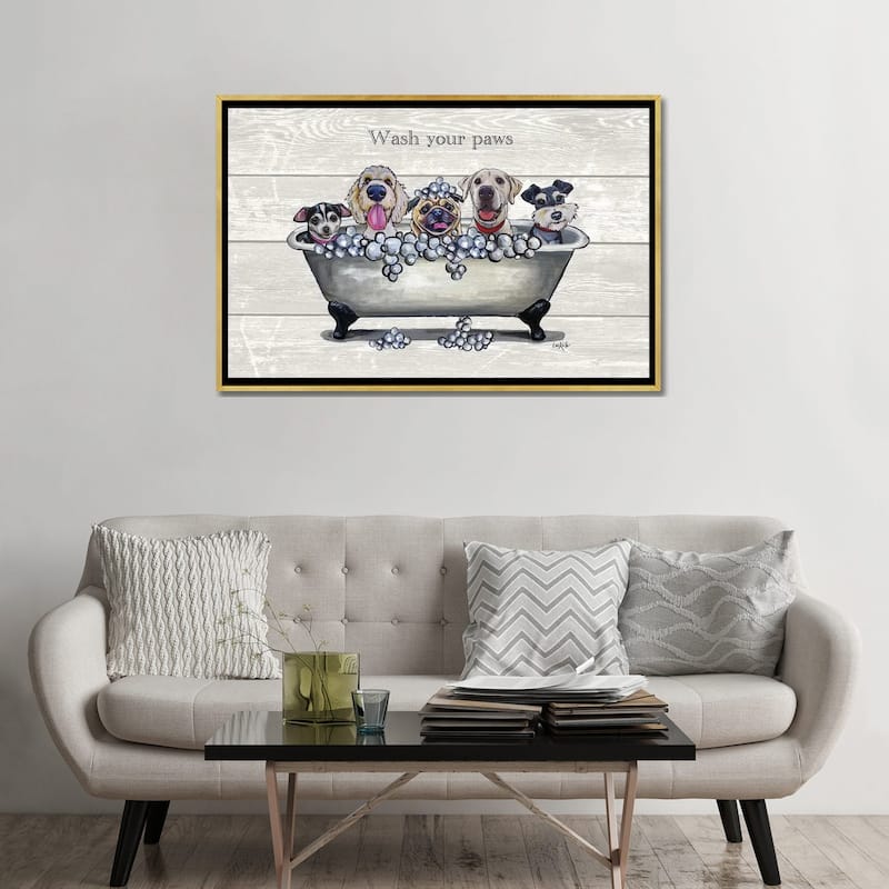 iCanvas "Tub With Dogs, Bathroom Dogs, Wash Your Paws" by Hippie Hound Studios Framed Canvas Print