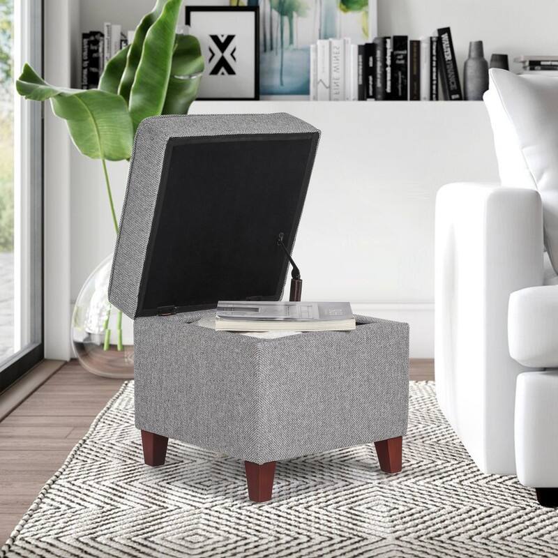 Adeco Square Ottoman with Storage Gray Faux Linen Fabric Footstool