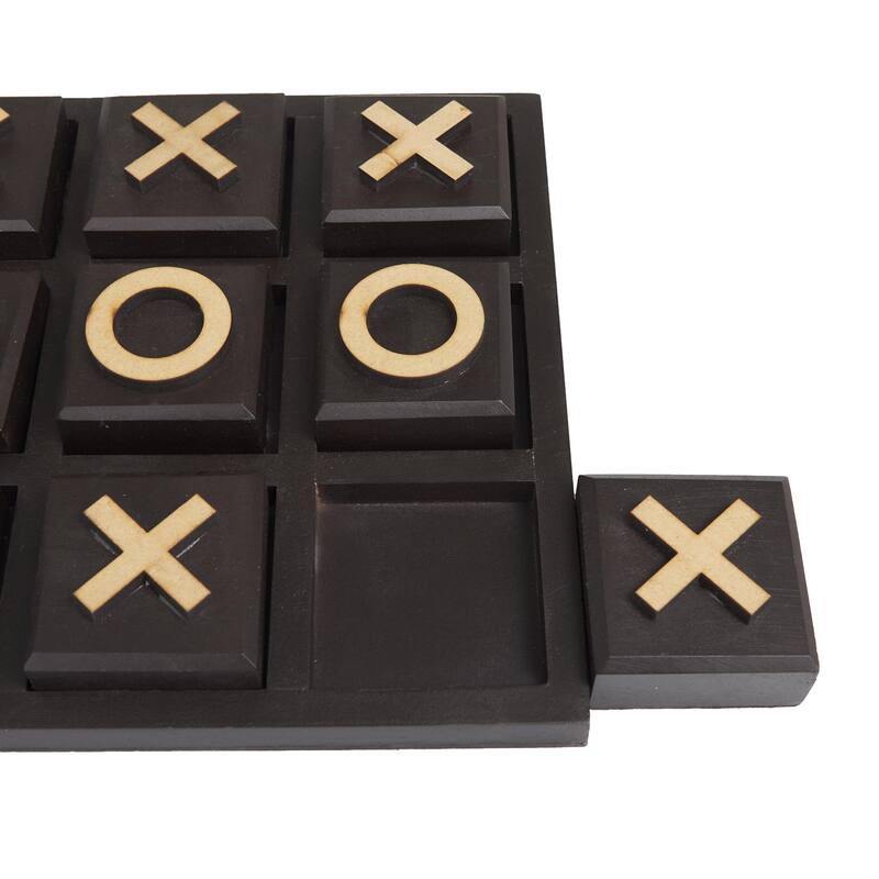 Wooden Tic Tac Toe Block Game Set with Steel or Light Wood Pieces - Black, Dark Brown, Gold - Roche River Decor