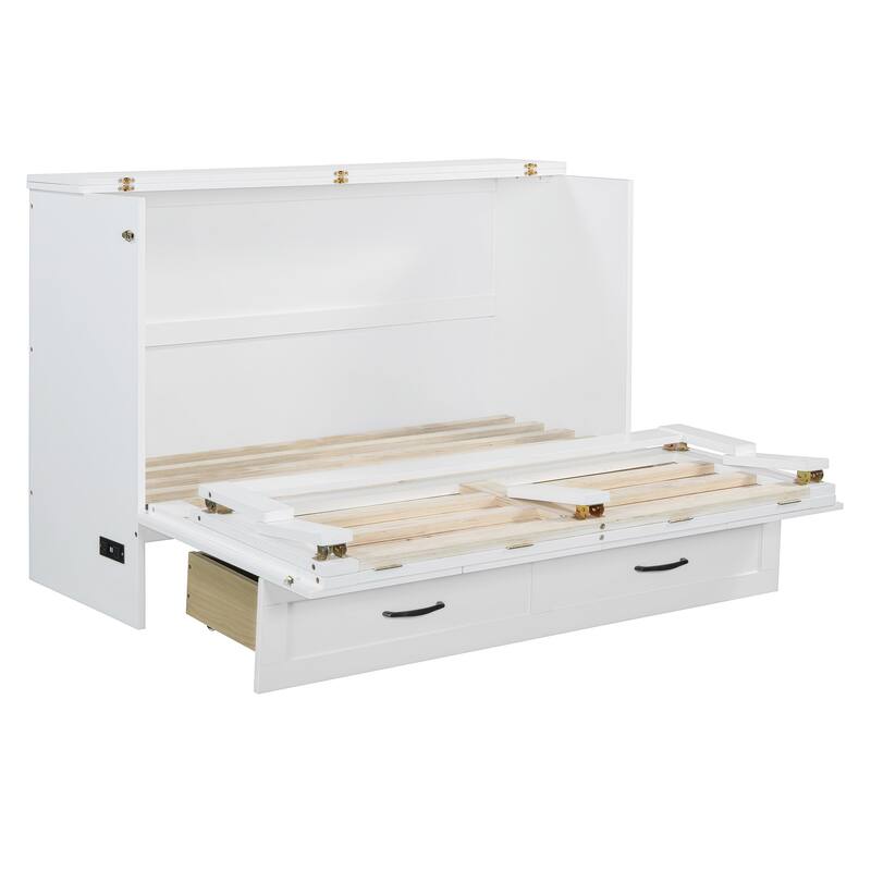 Space-Saving Full Murphy Bed with Drawers & Rattan Finish, Includes USB Port, Perfect for Multifunctional Rooms