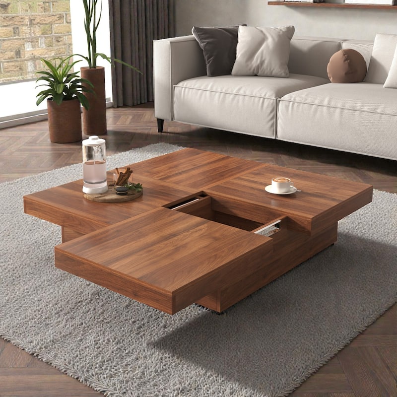 Square Sliding Top Coffee Table with Storage, Modern Veneer Wood Coffee Table, Hidden Storage Center Table