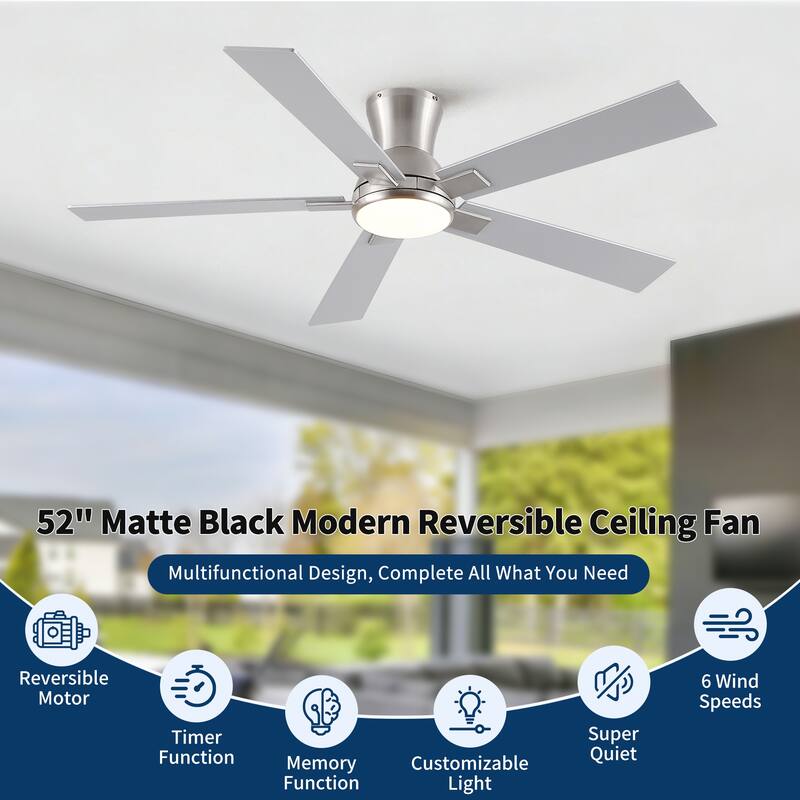 52" Modern Brushed Nickel Finish Reversible Quiet Motor Ceiling Fan with Light and Remote Control