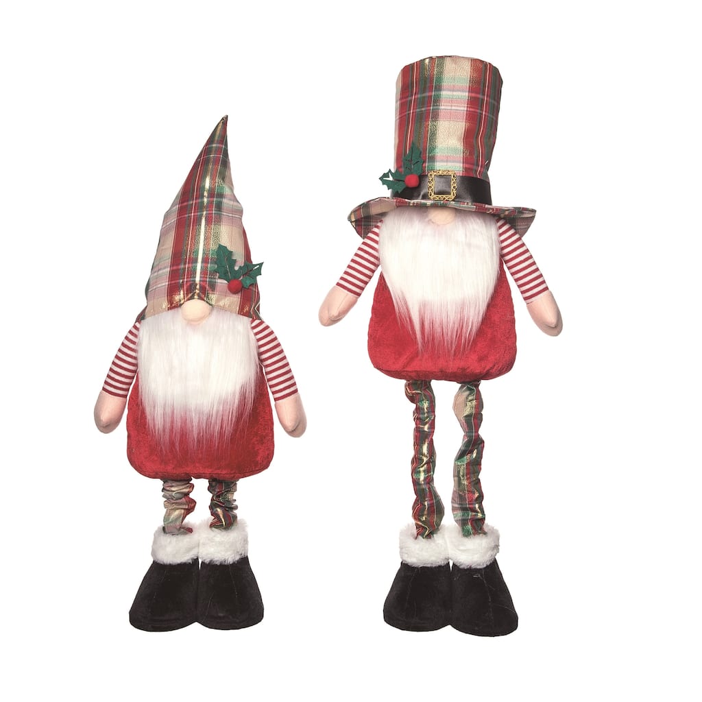 Transpac Plush Plaid Hat Gnome w/Telescoping Legs set of 2 Christmas Home Decorations