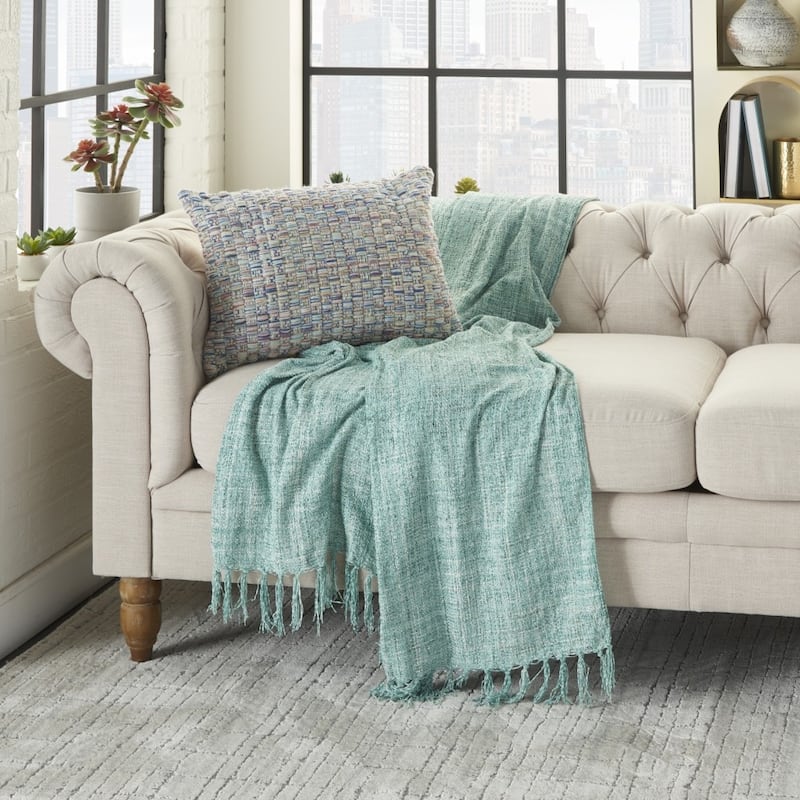 HomeRoots 14" X 20" Blue and Off White Woven Indoor Outdoor Throw Pillow With Texture