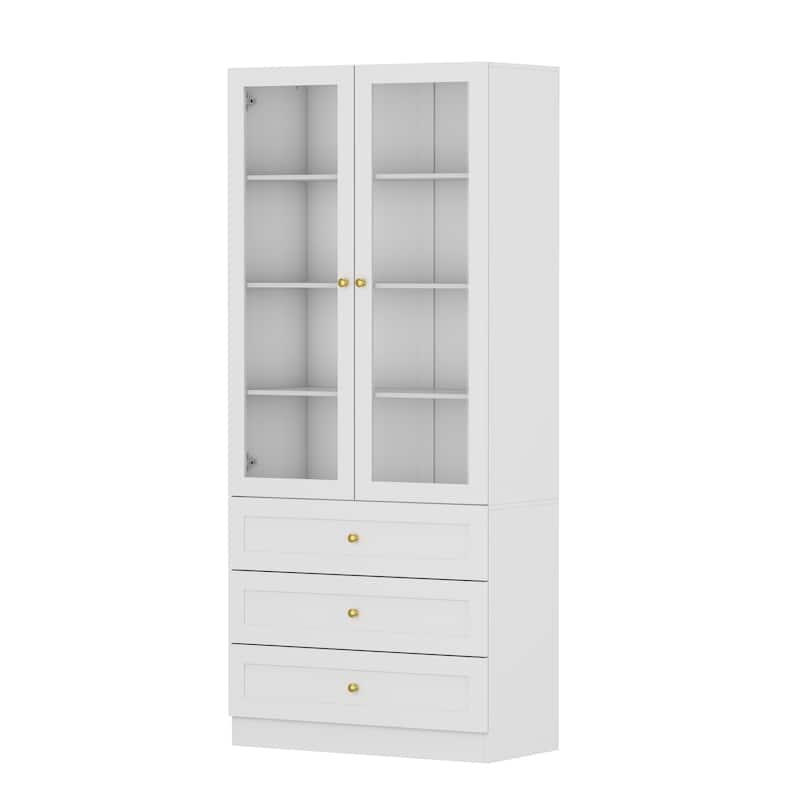 Bookcase Display Cupboard Curio Cabinet 2 Glass Door White Lacquer - 70.9"Hx31.5"W