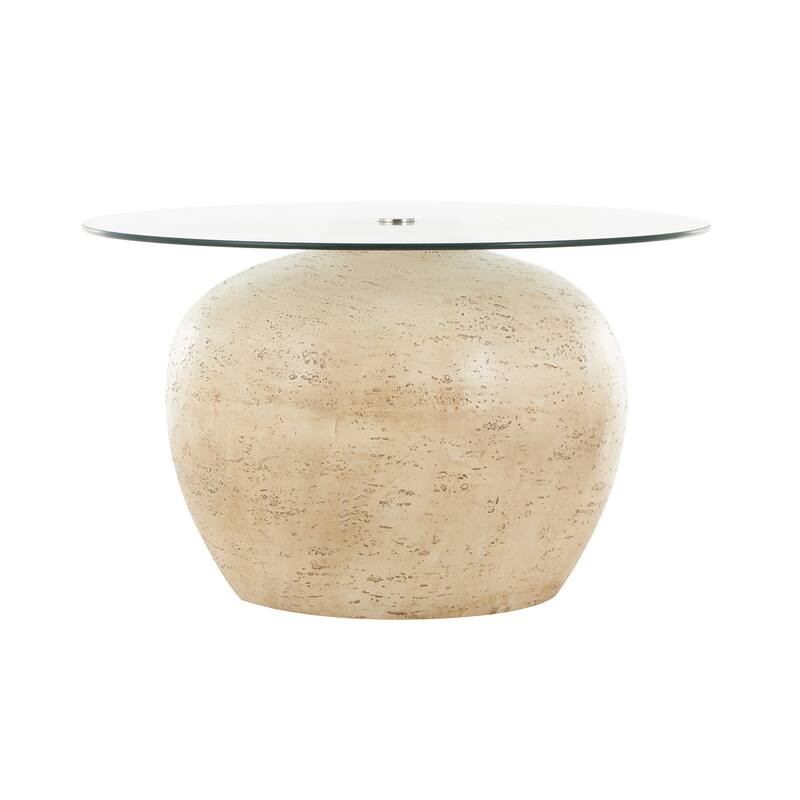 Beige Resin Wide Living Room Coffee Table with Glass Tabletop