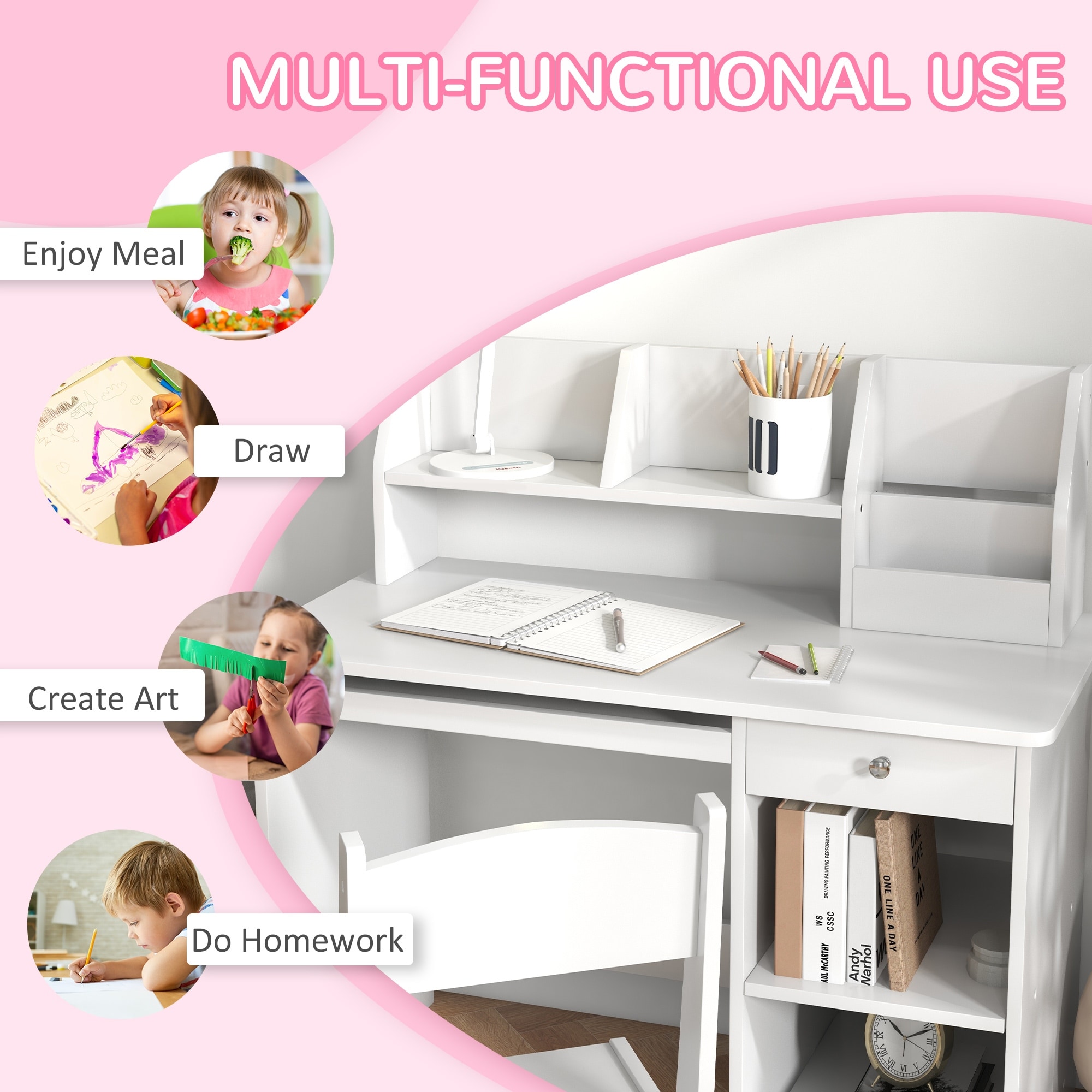 Qaba Kids Desk and Chair Set with Storage Study Desk with Chair for Children 5 8 Years Old White Bed Bath Beyond 39946059