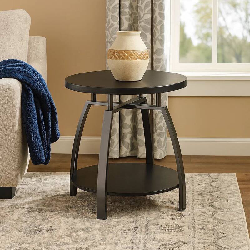 Dyn 23 Inch Round End Table, Open Shelf, Grayish Black Top, Gray Metal Legs
