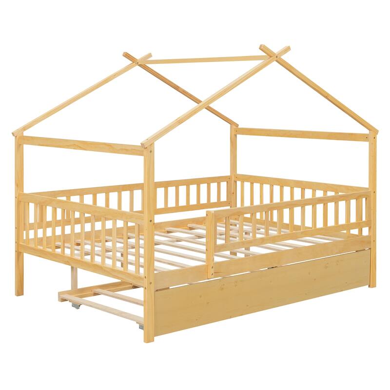Roomfitters Full Size Wooden House Bed with Twin Trundle and Roof Frame Pine