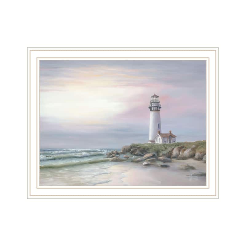 TrendyDecor4U Coastal "Lighthouse at Sunset" Framed Print Wall Art - White