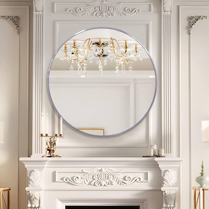 39 Inch Silver Metal Framed Round Bathrrom Mirror for Wall - 39