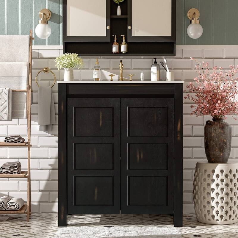 30 " Rustic Bathroom Vanity with Ceramic Sink, Adjustable Shelves